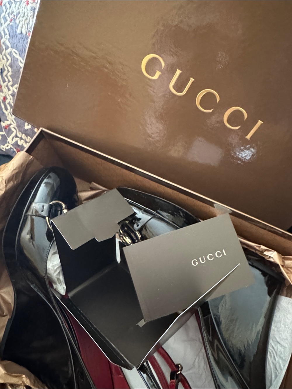 Gucci NIB black patent platform wedges with signature brass horsebit accent. - Picture 5 of 5